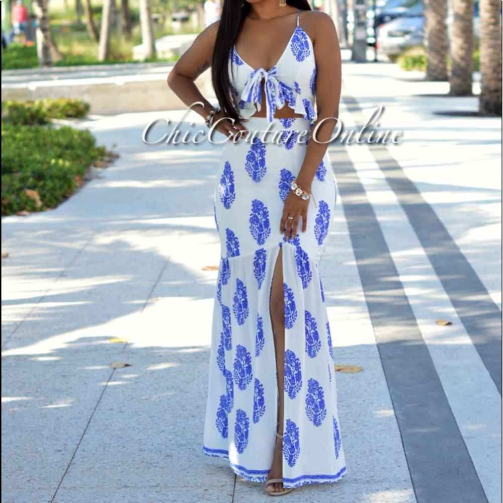 White and blue mermaid maxi dress